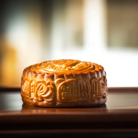 Moon cake for Mid-Autumn Festival on wooden table with blurred background.の素材