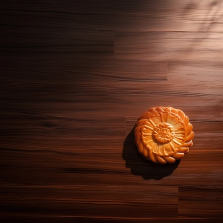cookies on a wooden background with a shadow from the leaves.の素材