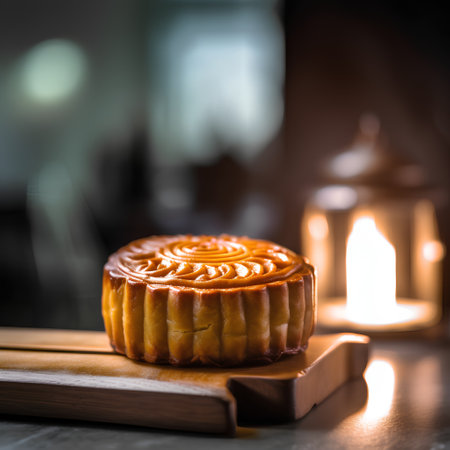 Mid-Autumn Festival moon cake on wooden board, selective focus.の素材
