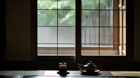 Tea set on the table in a room with a window background.の素材