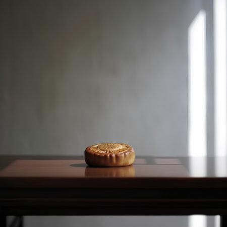 Moon cake on a wooden table in the morning light. Copy space.の素材