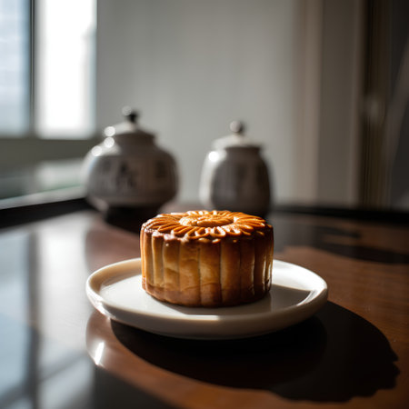 Moon cake on a white plate in a coffee shop. Selective focus.の素材