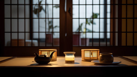 Japanese tea ceremony with teapot and teacup on the tableの素材