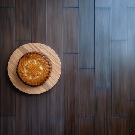 Homemade pie on a wooden plate on a dark wooden background.の素材