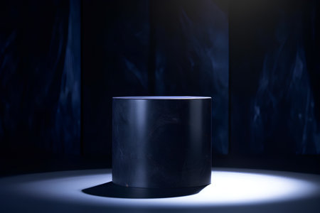 Black marble pedestal on dark blue background. 3d rendering.の素材