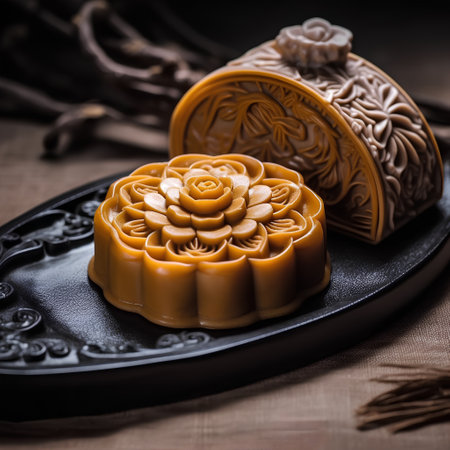 Traditional Chinese moon cake for Mid-Autumn Festival on wooden backgroundの素材