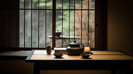 Tea set on the table in front of window in japanese styleの素材