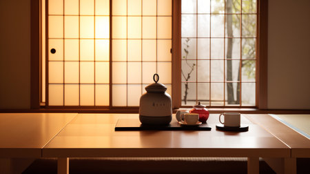 Tea set on the table in Japanese style. 3d rendering.の素材