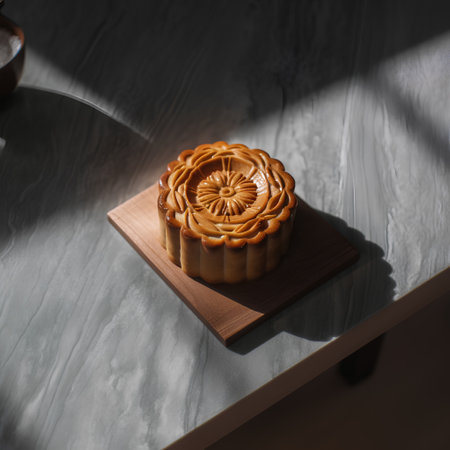 Moon cake on wooden table in the morning light, top view.の素材