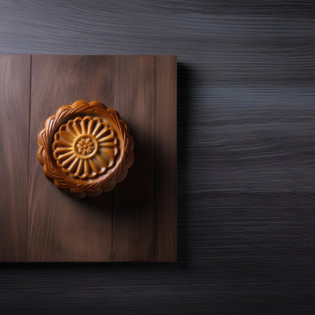 Moon cake on dark wooden background. Top view. Copy space.の素材