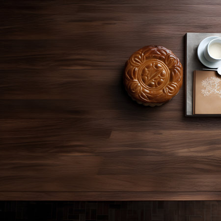 top view of tasty moon cake and coffee on wooden table with copy spaceの素材