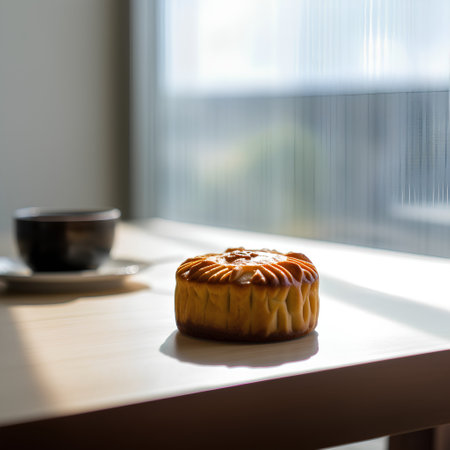 Cup of coffee and cake on the table in the morning lightの素材