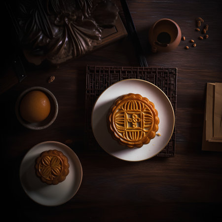 Moon cake and tea on wooden background. Chinese mid autumn festival food.の素材