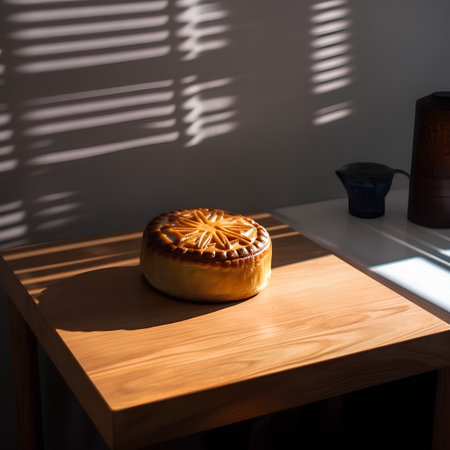 Moon cake on a wooden table in the rays of the morning sunの素材