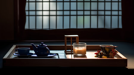 Japanese tea ceremony, teapot and teacup on a trayの素材