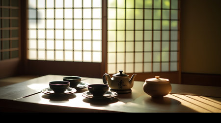 Tea set in japanese style on the table with window backgroundの素材