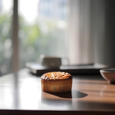 Moon cake and coffee cup on wooden table in coffee shop background.の素材