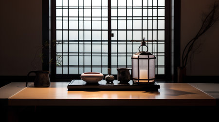 Lantern on a table in a japanese room.の素材