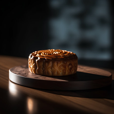 Moon cake on wooden table in dark room. Shallow depth of fieldの素材