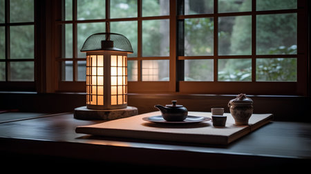 Lantern in japanese style on the wooden table.の素材
