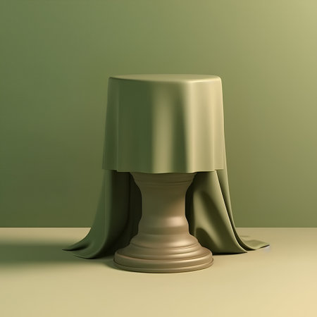3d render of a golden pedestal with a green cloth on a green backgroundの素材