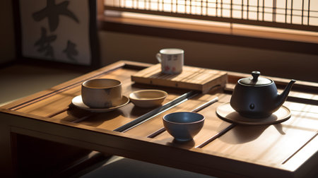 Tea set on the table in japanese style. Selective focus.の素材