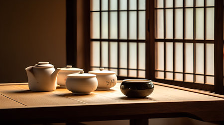 Japanese tea set on a wooden table in front of a window.の素材