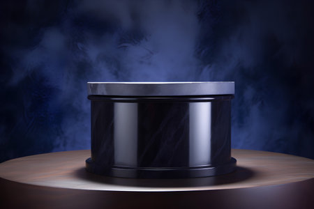 Black round box on a wooden stand against a dark blue background.の素材