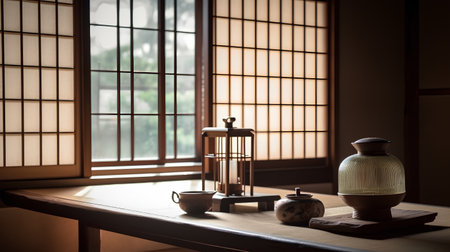 Japanese tea set on the table with window and japanese styleの素材