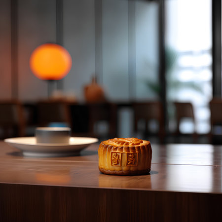 Moon cakes on the table in the restaurant. Selective focus.の素材