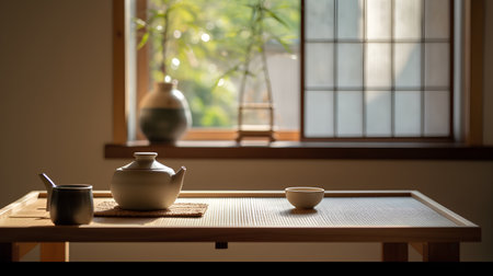 tea ceremony in japanese style, teapot and cups on tableの素材