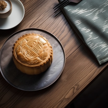 Moon cake on a wooden table. Chinese mid autumn festival food.の素材