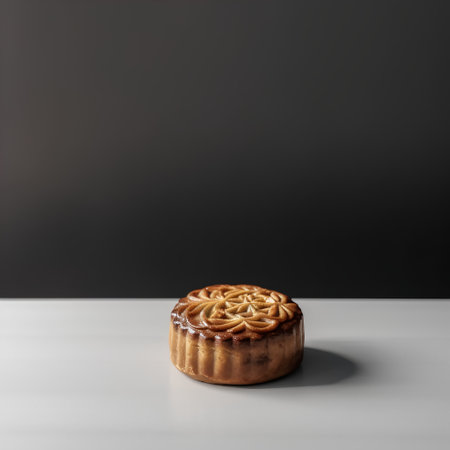 Moon cake on white table and grey background. Copy space for your text.の素材