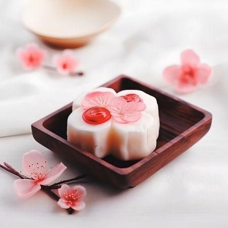 Traditional Japanese dessert on a wooden plate with sakura flowers, selective focusの素材