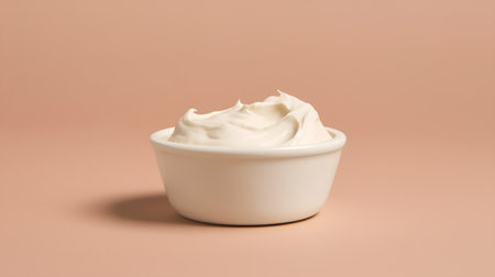 Sour cream in a white bowl on a beige background.の素材