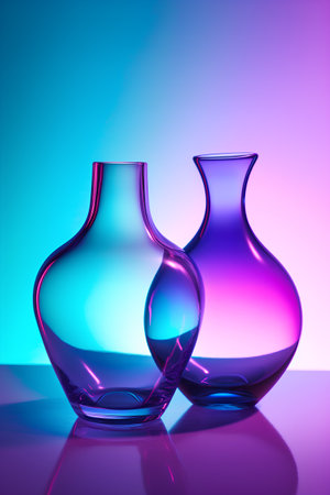 Colorful glass vases on a blue-pink background.の素材
