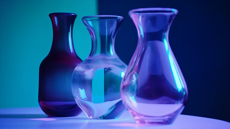 Glass vases on a blue and purple background. Shallow depth of field.の素材