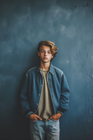 Handsome young man in casual clothes standing against blue wall.の素材