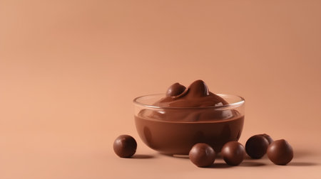 Chocolate cream in a glass bowl and chocolate eggs on a brown backgroundの素材