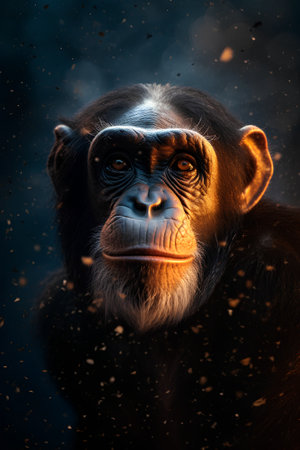 Chimpanzee monkey in a dark forest. Animal theme.の素材