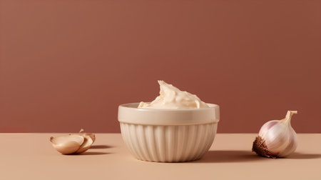 Fresh garlic and cream in a white bowl on a brown background.の素材
