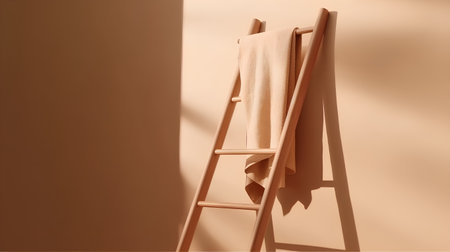 Wooden ladder with a towel on the wall. 3d renderingの素材