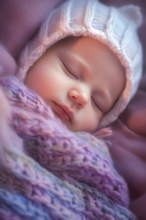 Newborn baby sleeping in a knitted hat and scarf on a pink backgroundの素材