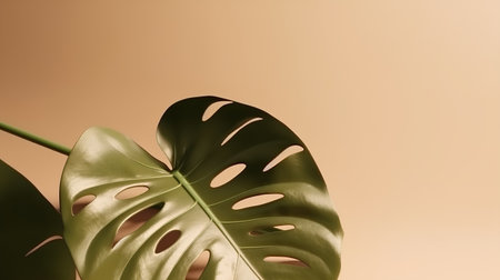 Monstera leaves on brown background with copy space for your text.の素材