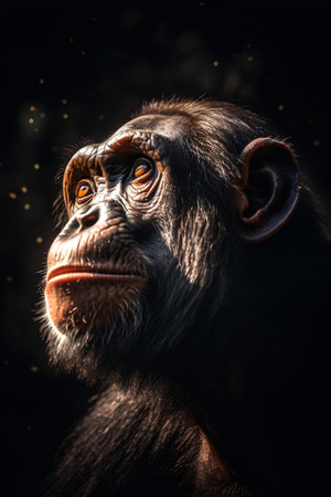 Chimpanzee monkey portrait on dark background, close-upの素材