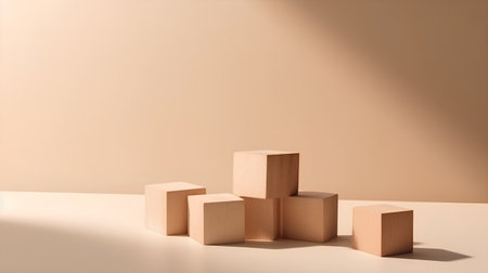 Wooden cubes on a beige background. 3d render.の素材