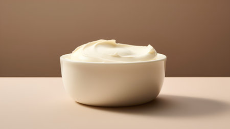 close up of a bowl of mayonnaise on beige backgroundの素材