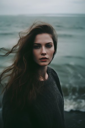 Portrait of a beautiful young woman with long red hair on the beachの素材