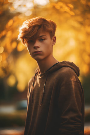 Portrait of a handsome young man in a park. Autumn fashion.の素材