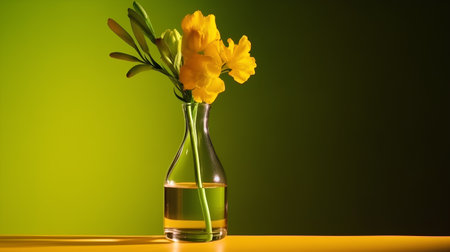 Yellow freesia in a vase on a green background.の素材